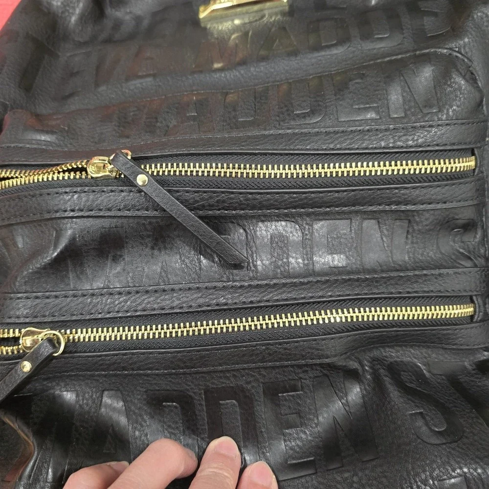 Steve‎ Madden Black Pebbled Vegan Leather Backpack Embossed Logo Gold...
